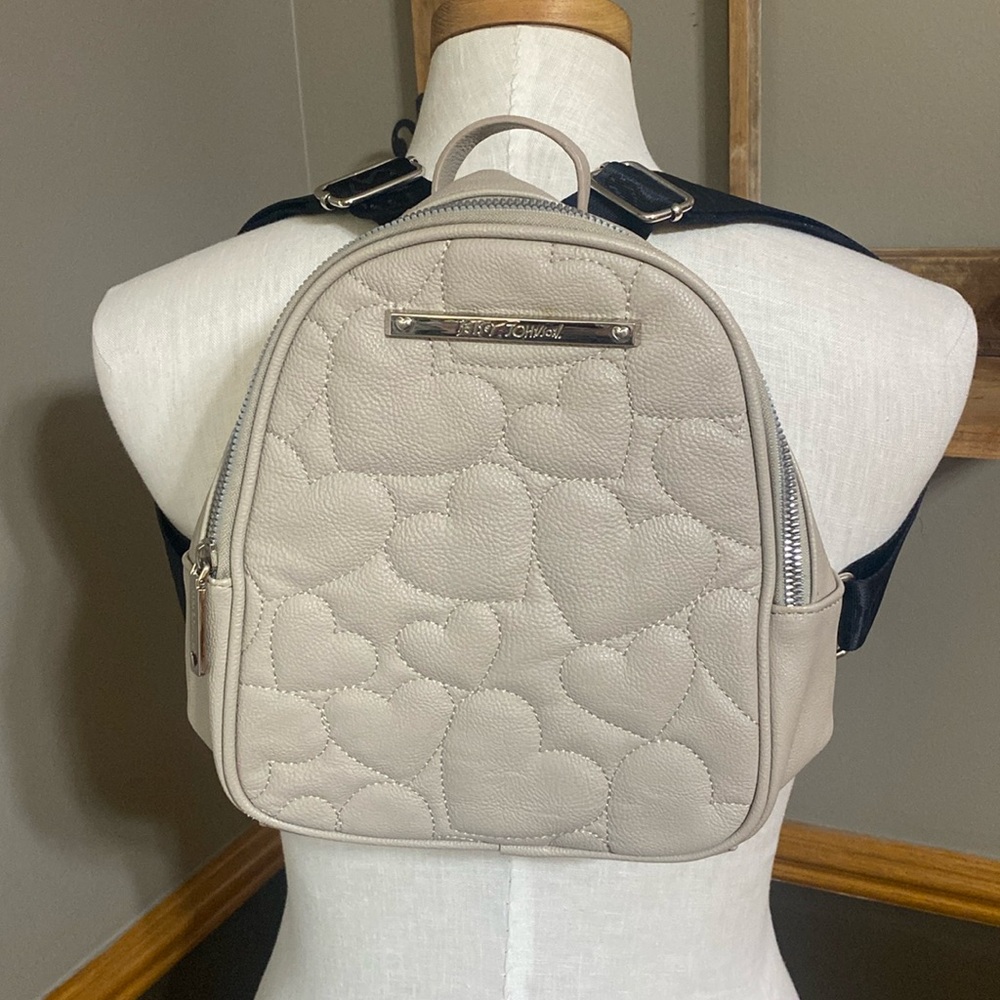 Betsey Johnson Taupe Heart stitched Pattern Mini Backpack with Floral Interior